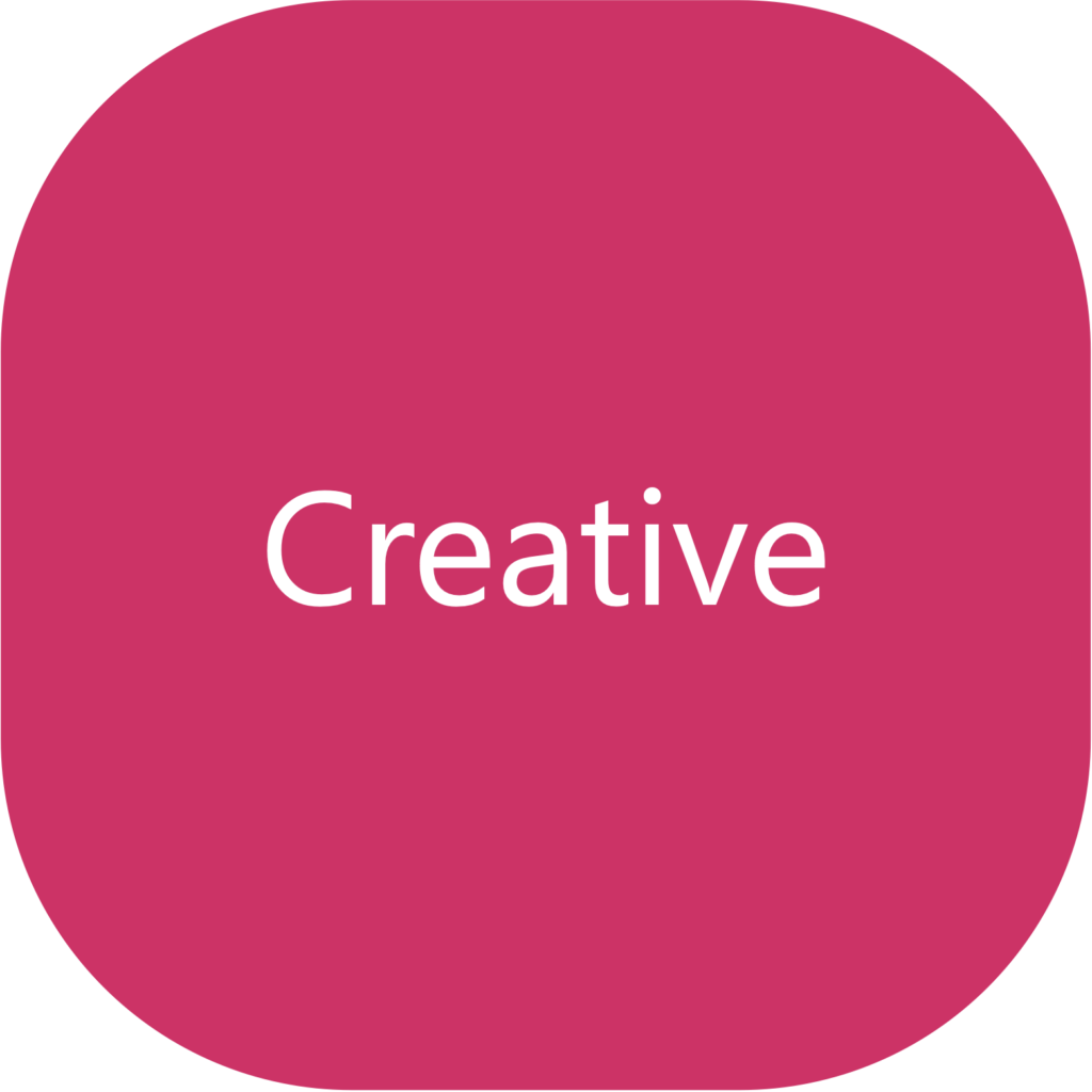 Pink square with rounded corners; the word "Creative" in white text