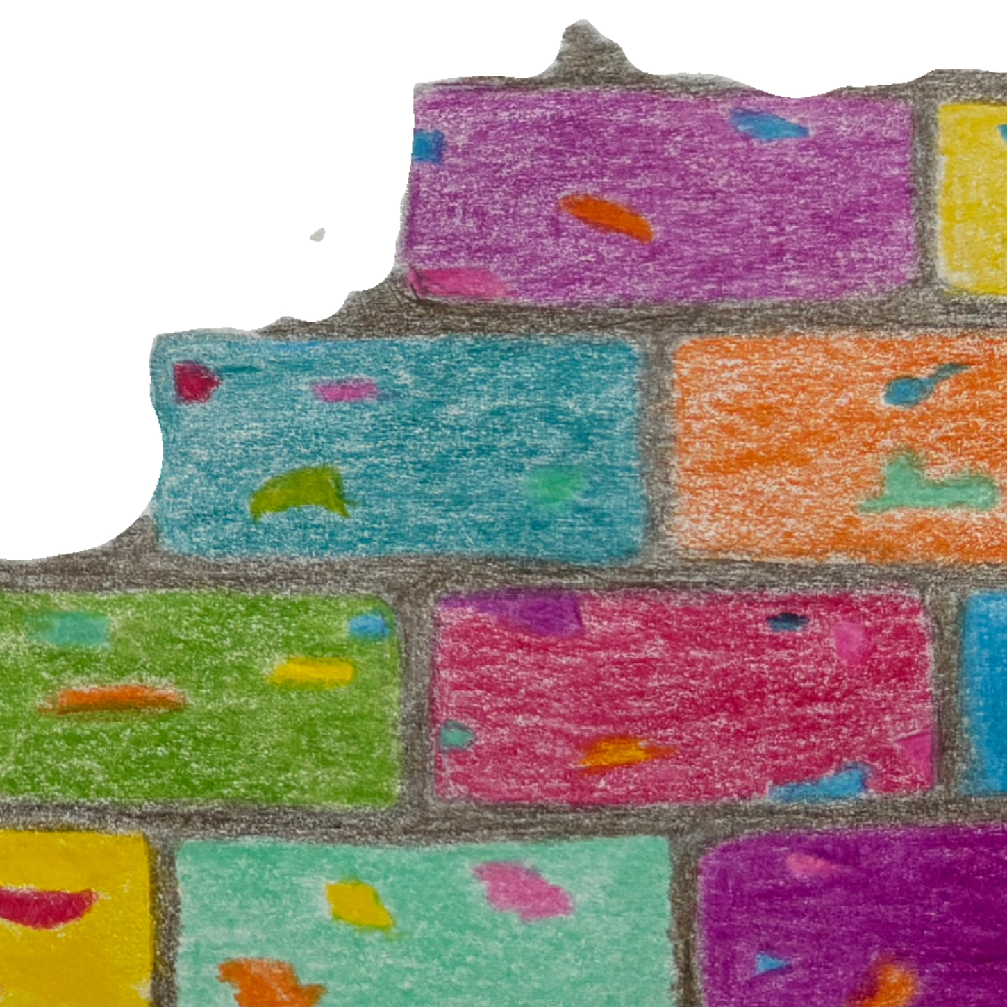 Drawing of a half-finished brick wall with brightly coloured bricks with flecks of each other's colours